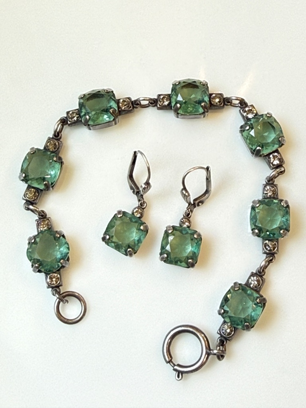 Catherine Popesco bracelet earrings set Art Deco green open back glass vintage